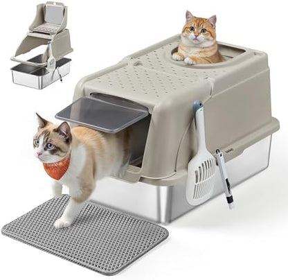 Feandrea Stainless Steel Cat Litter Box with Flip Lid, XL Enclosed Litter Box for Cats up to 15 kg, with Leak-Proof Design, Scoop, Brush, Dual Entry, Cappuccino Beige UPPT005K01
