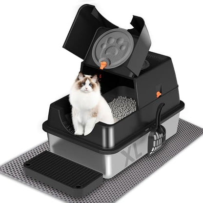 Citylife Stainless Steel Litter Box with Lid Flip-Top Removable High Enclosed Cat Litter Box with Litter Mat Step&Litter Scoop Metal Litter Pan Easy Cleaning Odor-Resistant Large Space for Cats Black