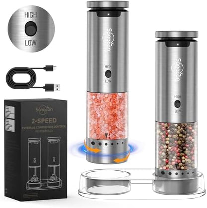 Sangcon 2-Speed Rechargeable Electric Salt and Pepper Grinder Set, 6 External Adjustable Coarseness Levels, Automatic Salt & Pepper Mill Shakers Set with Storage Base, One-Handed Operation, Silver