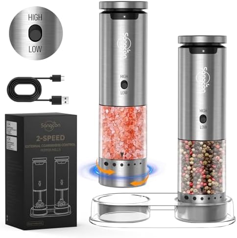 Sangcon 2-Speed Rechargeable Electric Salt and Pepper Grinder Set, 6 External Adjustable Coarseness Levels, Automatic Salt & Pepper Mill Shakers Set with Storage Base, One-Handed Operation, Silver