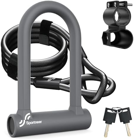 Sportneer Bike Lock: 17mm Heavy Duty Bike U Lock - High-Security Anti-Theft with 12mm x1.5m Steel Cable, 8''x5'' Compact Design, Includes Mounting Bracket for Mountain/Road/Folding/Electric Bikes