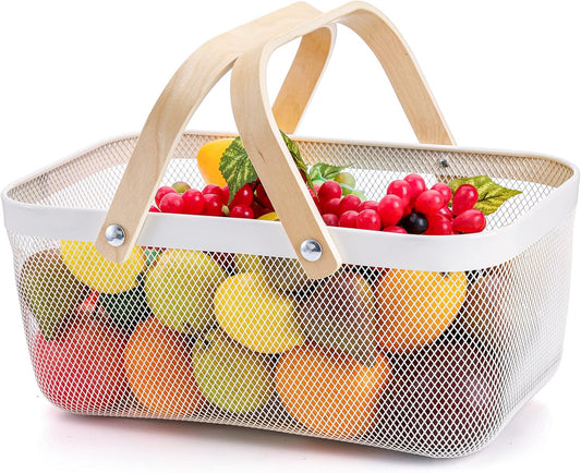 ZEAYEA Mesh Storage Basket with Handle, Garden Harvest Basket, Mesh Fruit Basket Bin for Gathering Vegetables, Multi-functional Metal Wire Basket for Kitchen Garden Picnic Cabinet, White