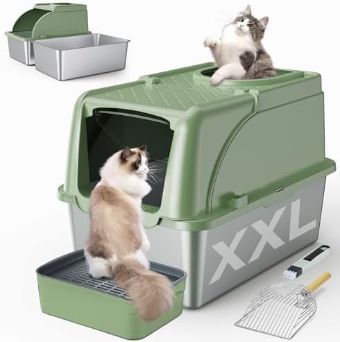 Stainless Steel Litter Box, XXL Large Metal Covered Litter Boxes, Dual Entrance Detachable Cat Litter Box with Lid, 16.6'' High Wall Urine Leak Prevention with Cat Litter Scoop (Gray)