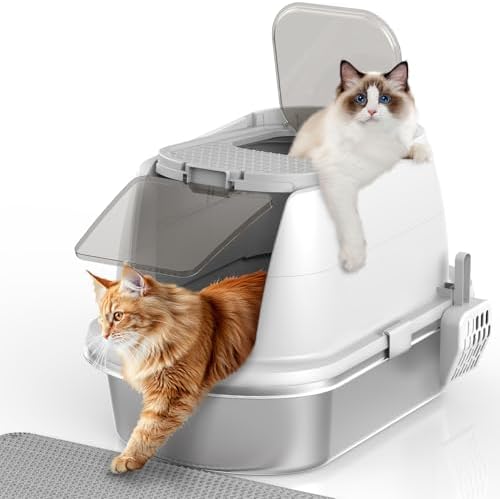 OGEMXU Stainless Steel Litter Box with Lid, Top Entry Covered Kitten Litter Box, Enclosed Litter Tray for Easy Cleaning & Odor Control, Includes Scoop and Litter Mat, Gray
