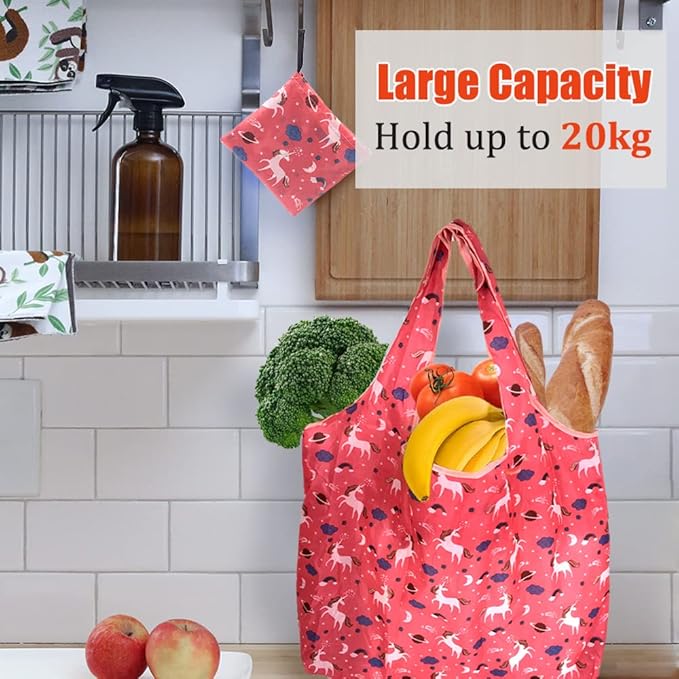 SNAIL GARDEN 6 Pack 44Lb Load Capacity Reusable Shopping Bag, Eco Friendly Foldable Large Heavy Duty Washable Tote Bags with 6 Attached Pouch,Lightweight Ripstop Polyester Grocery Shopping Bags