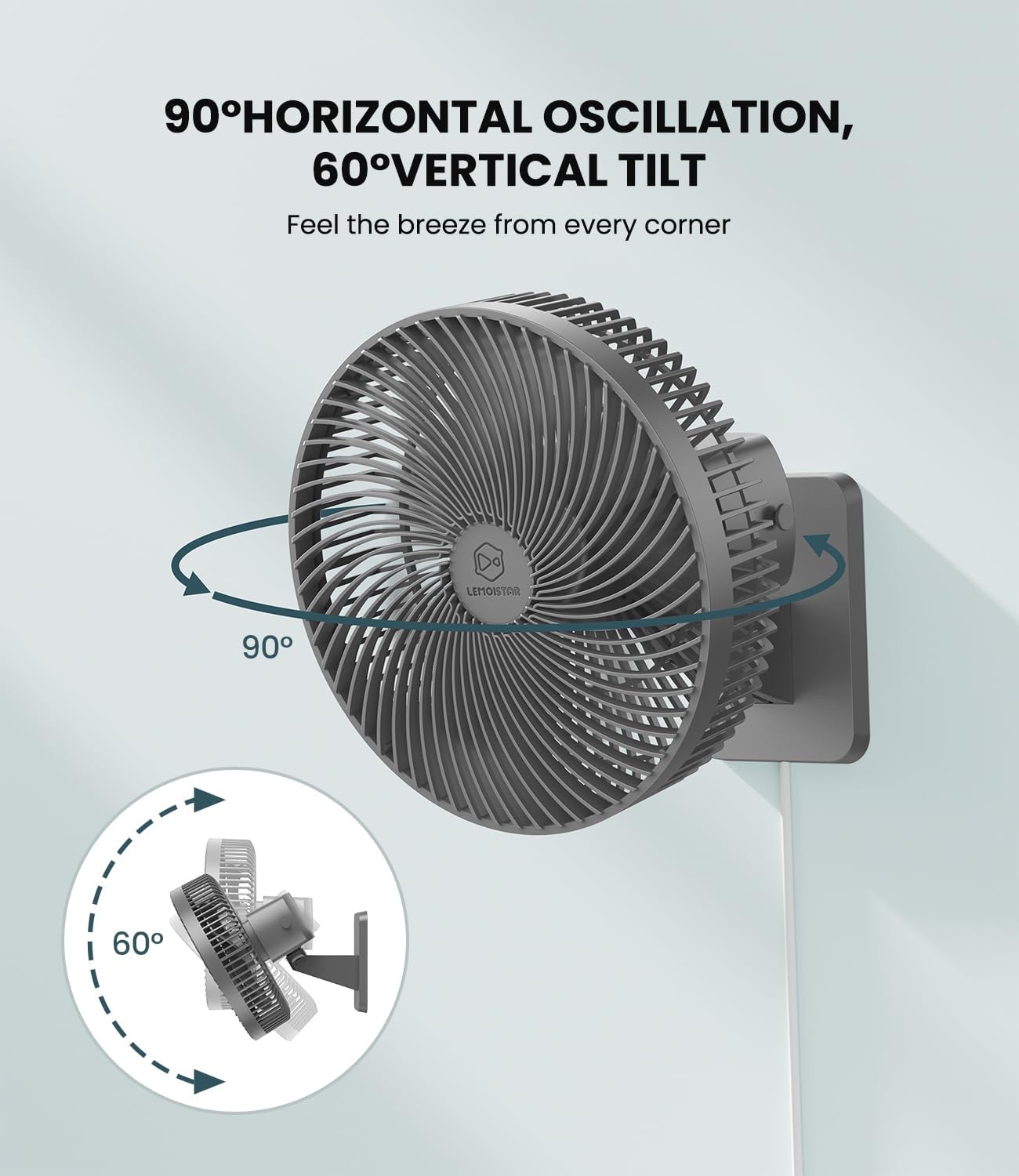10 Inch Oscillating Wall Mounted Fan with Remote Control,High Velocity 4 Speeds Timer,Adjustable Tilt,5.9 ft Cord, Ultra Quiet,for Bedroom,Garage, RV, Office-Grey