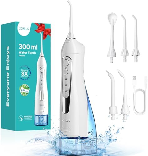 COSLUS Water Teeth Flosser: 300ML Cordless Electric Water Tooth Flossing Rechargeable IPX7 Waterproof Portable Travel Flossers Set for Teeth
