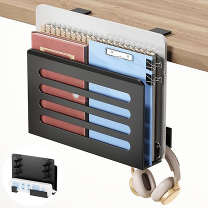 3-in-1 Under Desk Organizer – Laptop Holder, Headphone Hook & Cable Management Tray, Clamp-On Steel Storage for Desk Accessories, No Drilling Installation, Anti-Slip Design