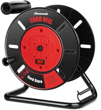 DEWENWILS Extension Cord Storage Reel with 4-Grounded Outlets, Heavy Duty Open Cord Reel for 12/3,14/3,16/3 Gauge Power Cord, Hand Wind Retractable, 10A Circuit Breaker, Rocker Power Switch