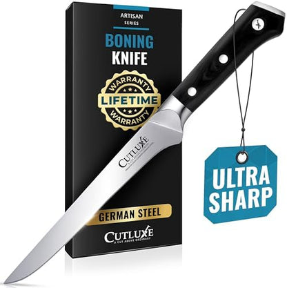 Cutluxe Curved Boning Knife – 6" Boning Knife for Meat Cutting, Fillet Knife – High Carbon German Steel, Full Tang & Ergonomic Handle Design – Artisan Series