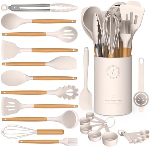 Silicone Cooking Utensils Set - Silicone Kitchen Utensils for Cooking Wooden Handles, 446°F Heat Resistant Kitchen Utensil Spatula Sets w Holder, Gadgets for Non-Stick Cookware BPA Free (Black)