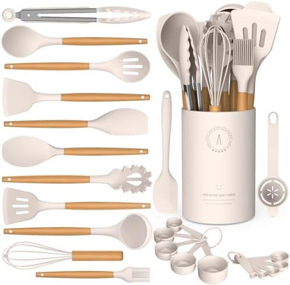 Silicone Cooking Utensils Set - Silicone Kitchen Utensils for Cooking Wooden Handles, 446°F Heat Resistant Kitchen Utensil Spatula Sets w Holder, Gadgets for Non-Stick Cookware BPA Free (Black)