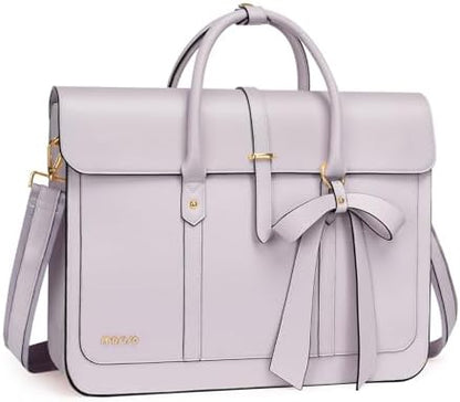 MOSISO Laptop Bag for Women, PU Leather Laptop Shoulder Bag Convertible Backpack, Work Travel Computer Bag with Bowknot - PuriLite