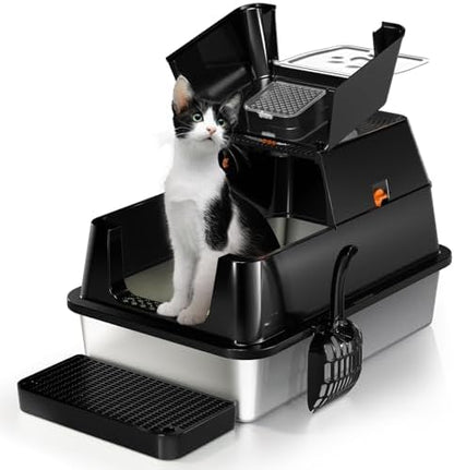 Eosarcu Stainless Steel Cat Litter Box with Lid, 180° Flip-Top XL Extra Large Enclosed Litter Box, Covered Metal High Sided Litter Pan with Steps & Scoop, Easy Cleaning, Odor Control,Non-Sticky-Black