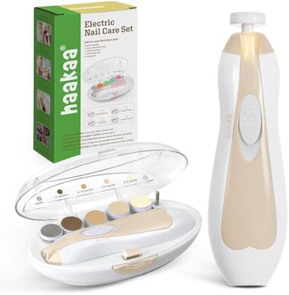 haakaa Baby Nail Trimmer Electric Safe Baby Nail Clippers Baby Nail File Kit Manicure Set, Trim Polish Grooming kit for Newborn Toddler or Adults Toes Fingernails, 6 Grinding Heads and LED Light