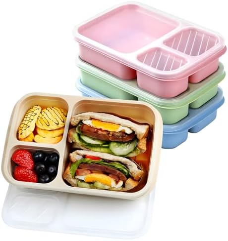 4 Pack Bento Box Lunch Boxes, BPA-Free Reusable Snack Box Containers for Kids Adults, 3 Compartment Meal Prep Containers with Lids, Stackable for School, Work, and Travel (Multicolor-3Compartments)