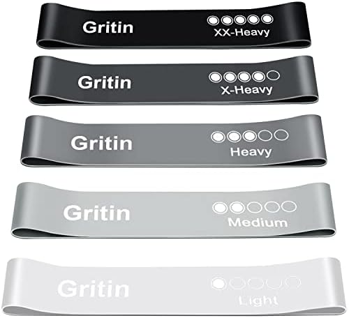 Gritin Resistance Bands, Set of 5 Skin-Friendly Resistance Fitness Exercise Loop Bands with 5 Different Strength Levels - Travel Carrying Case Included - Ideal for Home, Gym, Yoga, Training