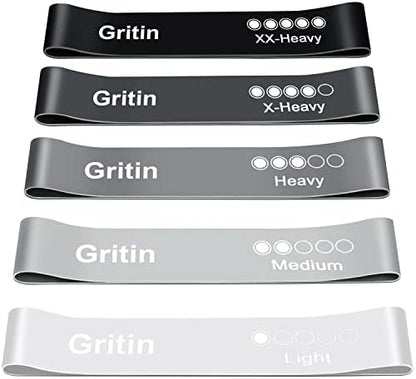 Gritin Resistance Bands, Set of 5 Skin-Friendly Resistance Fitness Exercise Loop Bands with 5 Different Strength Levels - Travel Carrying Case Included - Ideal for Home, Gym, Yoga, Training