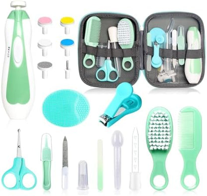 Baby Grooming Kit - 19 in 1 Nursery Essentials Baby Registry Shower Gift for Newborns, Infants, Toddlers, Boys, Girls Kids-Safety Baby Comb, Brush, Finger Toothbrush, Nail Clippers, Scissors(Green)