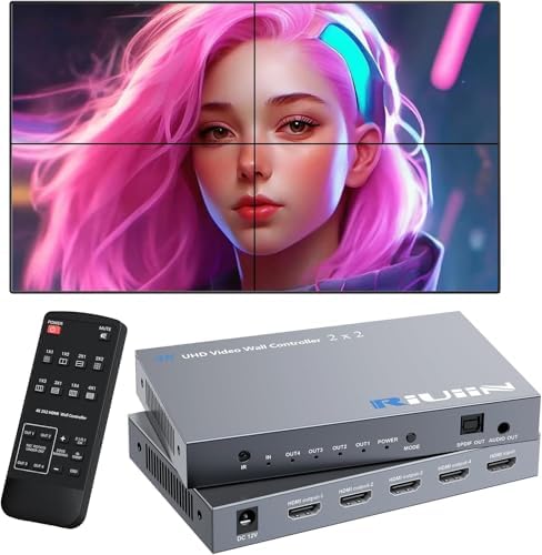 Video Wall Controller 2x2, HDMI 4K Input TV Wall Controller with 12 Modes, 180° Rotation, Edge Masking, Audio, IR Remote and 2x2,1x2,1x3,1x4,2x1,3x1,4x1 Modes, 4 tv Screens into 1 Wall Display