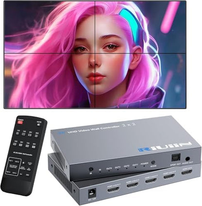 Video Wall Controller 2x2, HDMI 4K Input TV Wall Controller with 12 Modes, 180° Rotation, Edge Masking, Audio, IR Remote and 2x2,1x2,1x3,1x4,2x1,3x1,4x1 Modes, 4 tv Screens into 1 Wall Display