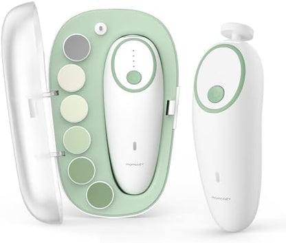 Momcozy Baby Nail File Electric, Gentle Baby Nail Trimmer Electric, Baby Nail Clipper with Night Light, 7 Grinding Head Replacement Pads, Green