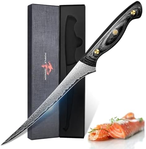 Purple Dragon Damascus Fish Fillet Knife - 7 inch Flexible Boning Knife with VG10 Core, Kitchen Slicing Knife with Full Tang Handle, Birthday Dad Mom Gift