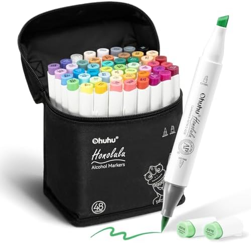 Ohuhu 48 Color Alcohol Markers Brush Tip: Double Tips Drawing Marker for Adults Artists Coloring Books Soft Tip Markers 1 Alcohol-based Marker Blender, Brush & Chisel- Honolulu Art Pen Gift - PuriLite