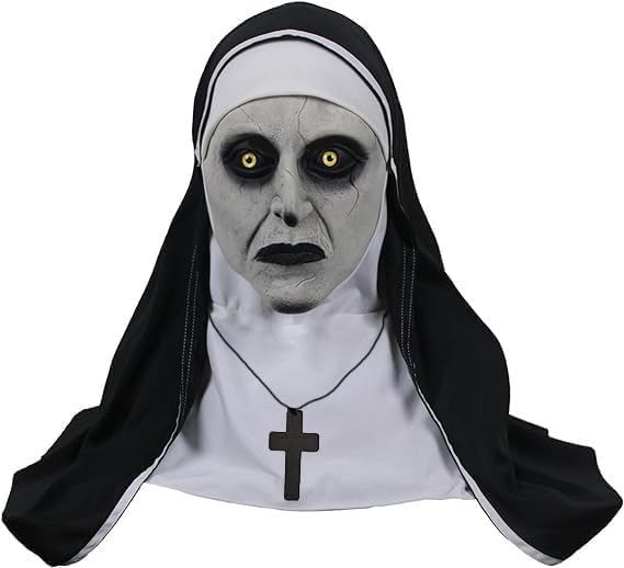 The Nun Scary Mask for Halloween,Full Head Horror Mask with Cross Necklace,Gothic Supernatural Costume Prop for Adult (White)