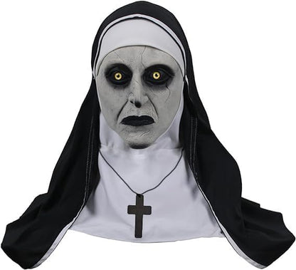 The Nun Scary Mask for Halloween,Full Head Horror Mask with Cross Necklace,Gothic Supernatural Costume Prop for Adult (White)
