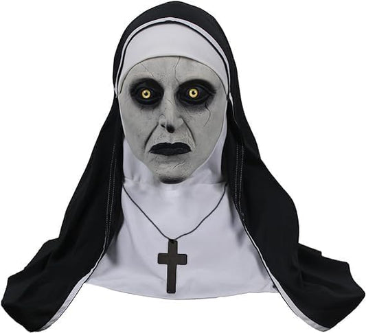 The Nun Scary Mask for Halloween,Full Head Horror Mask with Cross Necklace,Gothic Supernatural Costume Prop for Adult (White)