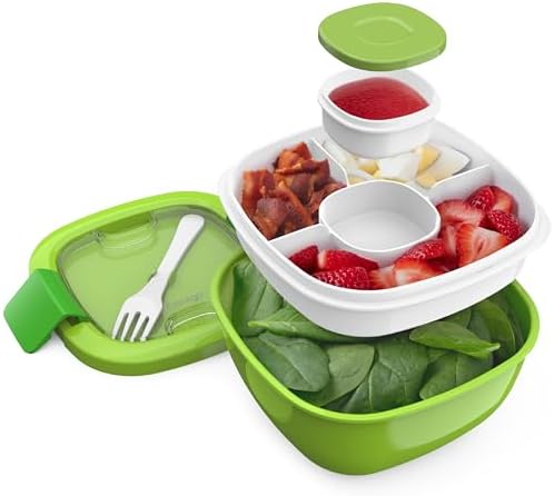 Bentgo Salad - Stackable Lunch Container with Large 54-oz Salad Bowl, 4-Compartment Bento-Style Tray for Toppings, 3-oz Sauce Container for Dressings, Built-in Reusable Fork & BPA-Free (Khaki Green)