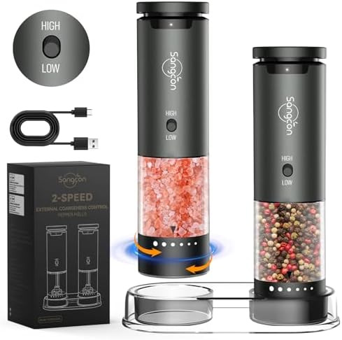 Sangcon 2-Speed Rechargeable Electric Salt and Pepper Grinder Set, 6 External Adjustable Coarseness Levels, Automatic Salt & Pepper Mill Shakers Set with Storage Base, One-Handed Operation, Silver