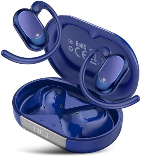 Open Ear Headphones, Bluetooth 5.4 Earphones 36H Playtime Air Conduction Headphones with Mic, Adjustable Earhook Earbuds with ENC Clear Calls/LED Display, IPX7 Waterproof Open Ear Earbuds Dark Purple