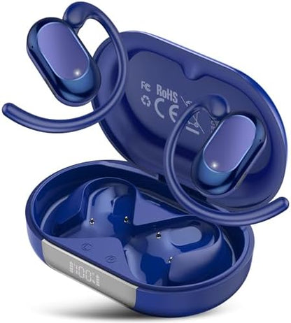 Open Ear Headphones, Bluetooth 5.4 Earphones 36H Playtime Air Conduction Headphones with Mic, Adjustable Earhook Earbuds with ENC Clear Calls/LED Display, IPX7 Waterproof Open Ear Earbuds Dark Purple