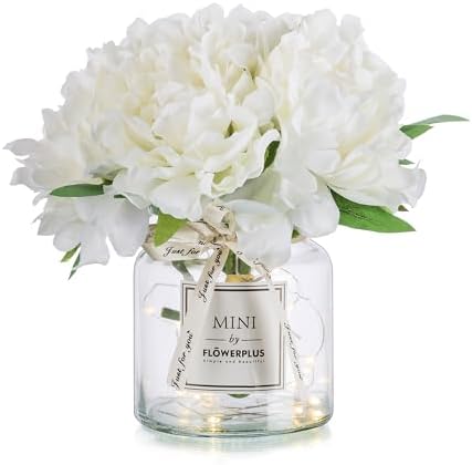 BLOSMON White Fake Flowers with Vase: Small Coffee Table Decor Bathroom Hydrangea Faux Flowers in Vase Office Desk Shelf Home Living Room Bedroom Vanity nightstand Decorations Floral Arrangement