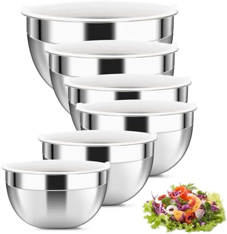Luvan 18/10 304 Stainless Steel Mixing Bowl,Set of 6(1,1.5,1.9,2.6,3.4,4.2QT),with Airtight Lids,Nesting Bowls for Space Saving Storage,Dishwasher Safe, Great for Mixing,Baking, Prepping