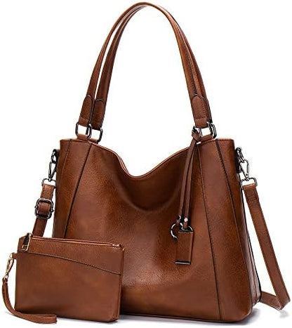 Hobo Bags for Women Handbags Purse Ladies Boho Shoulder Bag Crossbody Purses PU Leather Brown 2PCS