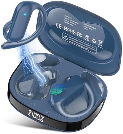 Open Ear Headphones, Bluetooth 5.4 Wireless Earbuds with HD Clear Calls, 32Hrs Immersive Stereo Air Conduction Earphones with Earhooks, LED Display, IPX7 Lightweight Open Ear Buds for Sports Blue