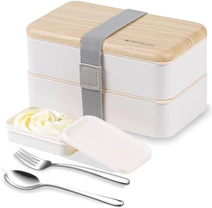 Original Bento Box Lunch Boxes Container Bundle Divider Japanese Style with Stainless Steel Utensils Spoon and Fork (Pink)