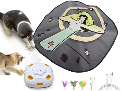 ORSDA Cat Toys Interactive, 4 in 1 Automatic Cat Toy, Hide and Seek, Whack a Mole, Magic Wand, Chasing Feather, with 4 Replacements, USB Rechargeable, for All Breed Sizes