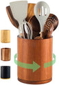 Wooden Utensil Holder | Rotating Utensil Organizer | Kitchen Counter Storage Crock | Farmhouse Countertop Decor | Cooking Utensil Stand - PuriLite