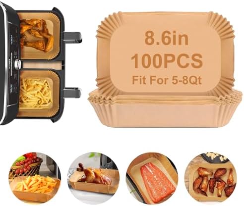 Air Fryer Liners,100Pcs 8.6" Square Air Fryer Parchment Paper Liners for 3 to 8 QT Baskets, Non-Stick & Oil Proof and Food Grade Baking Alternative to Foil for Easy Cleanup