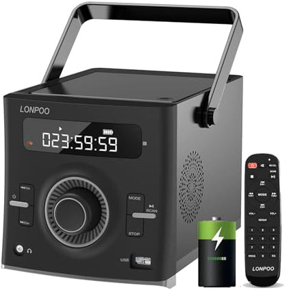 LONPOO Portable CD Player | Stereo Bluetooth Boombox | FM Radio Turn Knob | Auto Lid Open Button | Big LCD Display | Concealed Ports of USB/AUX/Earphone | Rear Power Protection Button (LP-D12)
