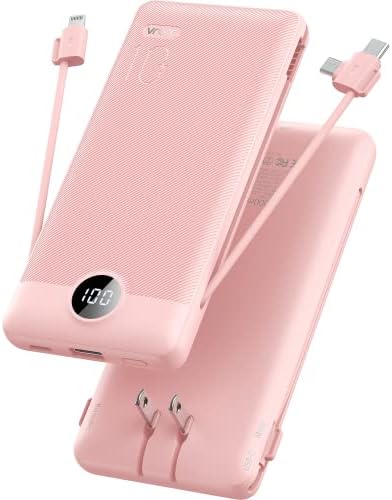 Portable Charger for iPhone, 10000mAh Power Bank with Built-in Cables & AC Wall Plug, USB C Phone Charger 5 Output External Battery Pack Compatible with iPhone Samsung Google Pixel Android -White
