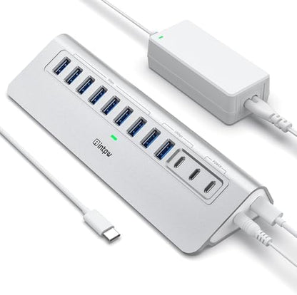 Powered USB Hub, Intpw 9-Port USB 3.2/USB C Hub with 10Gbps, 5*USB 3.0 + 45W PD Charging Ports, 3.3FT Cable and 65W Power Adapter, Aluminum USB Extender Hub for iphone16/ipad/Macbook/Laptop,PC