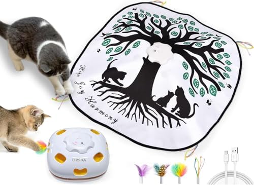 ORSDA Cat Toys Interactive, 4 in 1 Automatic Cat Toy, Hide and Seek, Whack a Mole, Magic Wand, Chasing Feather, with 4 Replacements, USB Rechargeable, for All Breed Sizes