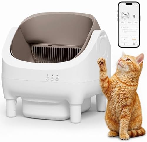 GUNJI Self Cleaning Cat Litter Box, Open-Top Automatic Self-Cleaning Litter Box, Design for Multi-Cat Families, Integrated Safety Protection, Includes Trash Bags (Dark Grey)