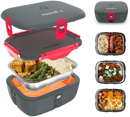 HeatsBox Electric Lunch Box 100W Portable Food Warmer | App Control | Car, Truck, Office, Outdoor Work | 31oz Stainless Steel Battery Powered Self Heating Lunchbox | 12V 24V 110V | Ideal Gift