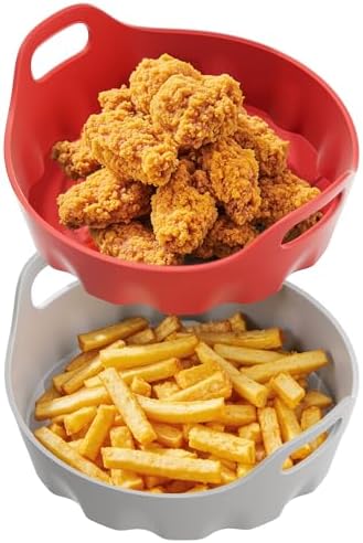Li&Zhao Silicone Air Fryer Liners Reusable - 2 PCS Round Air Fryer Inserts Air Fryer Accessories 4 to 7 Qt Silicone Liners for Air Fryer Basket(Red & Gray)